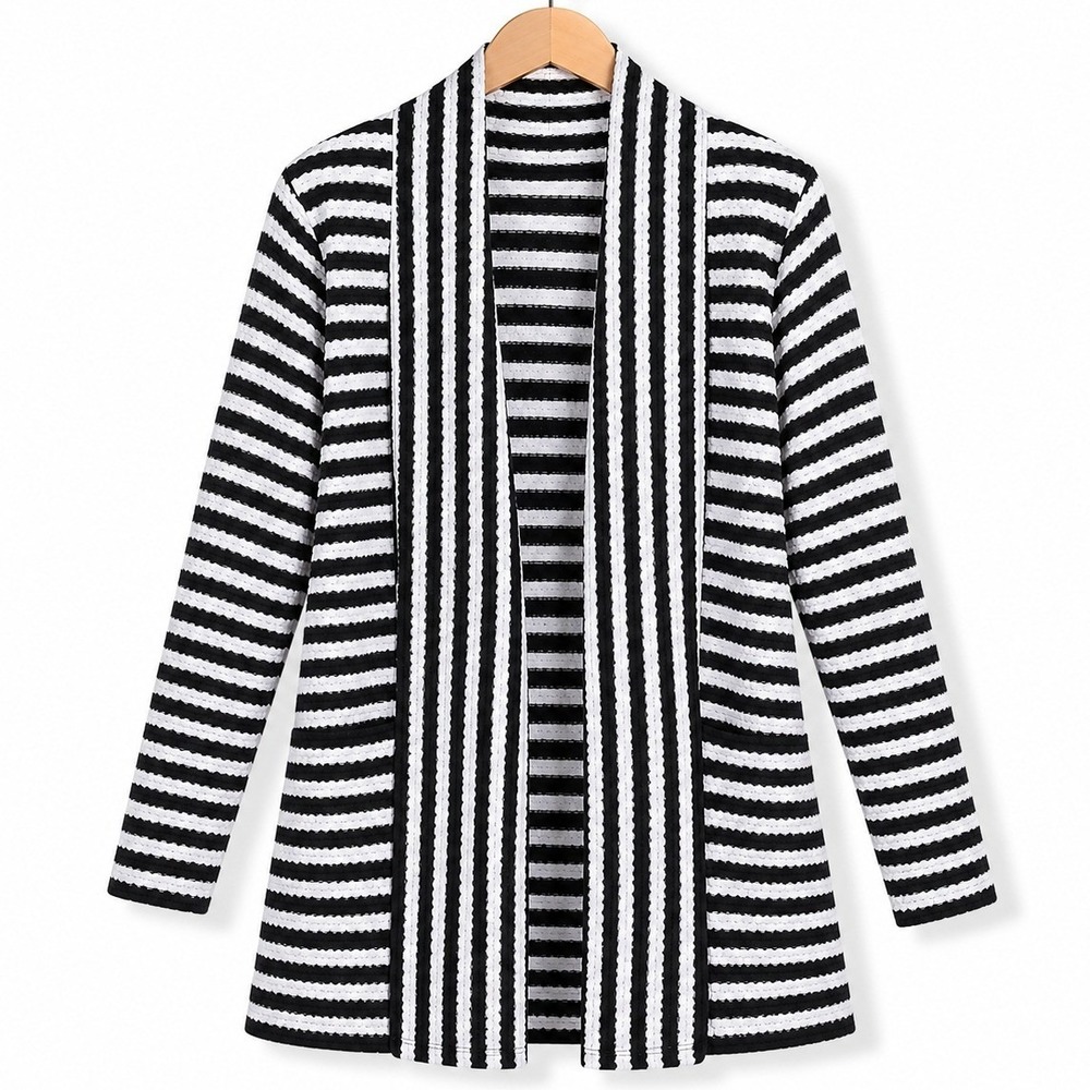 Belle by Kim Gravel Cardigan Womens Large Black White Striped Open Front A686139